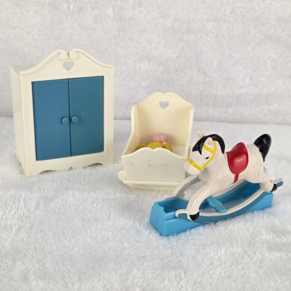 Vintage 1970s Fisher Price Dollhouse Nursery Lot Crib Wardrobe Baby Horse HK‎